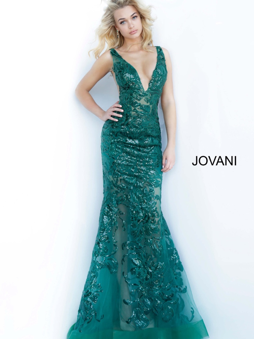 Jovani Emerald Green Embellished V-Neck Mermaid Gown
